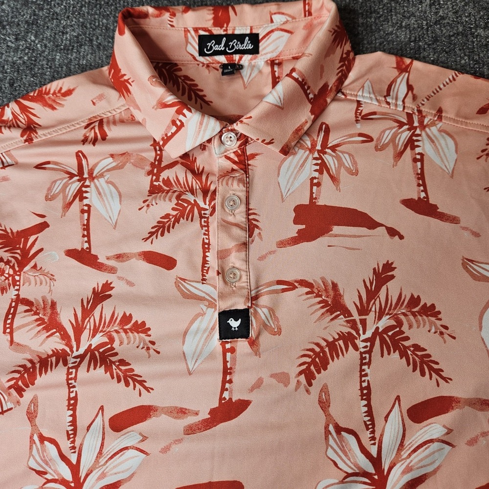 Bad Birdie Mens Golf Polo Shirt Size Large Ricky Rose Orange Palm‎ Tree AOP